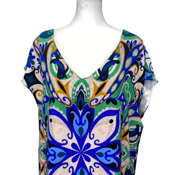 MAEVE Anthropologie Folksong Bird Shift Dress Blue & Green Size L Geometric Boho - Picture 4 of 9